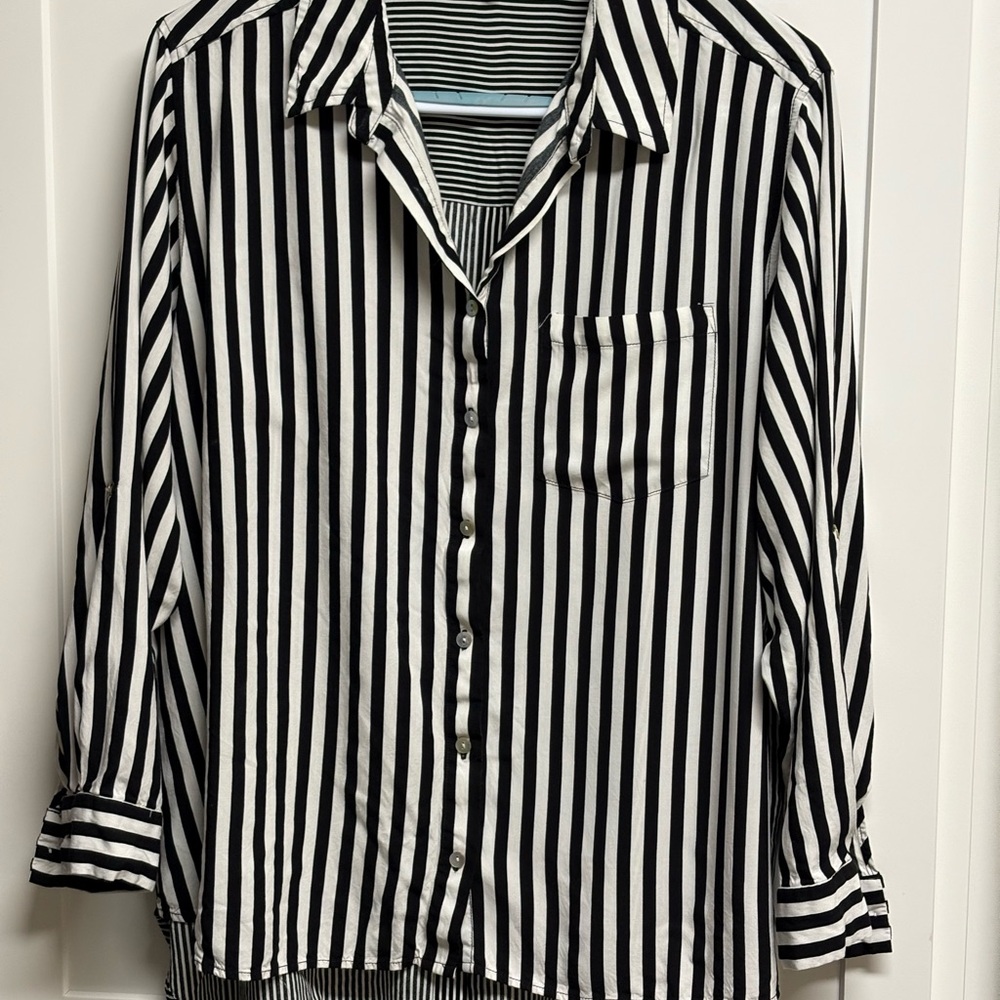 Jane and Delancey Black and White Striped Button Down Shirt